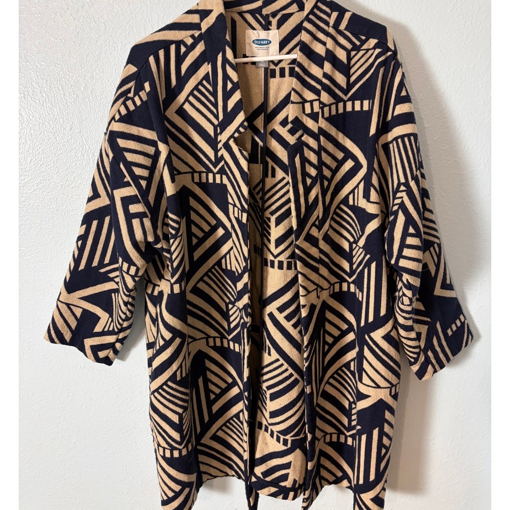 Old Navy Womens XL Geometric Tribal Print Open Front Cardigan Coat Navy Tan Boho